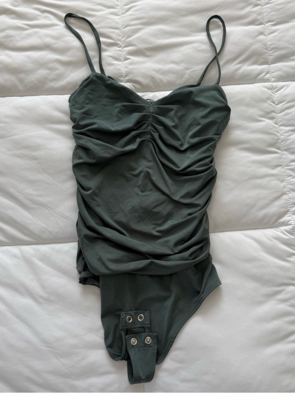 Express Body Contour Ruched Dark Green CamisoleBodysuit with clips